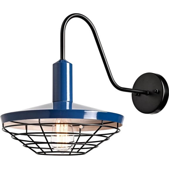 Claxy Macaron Wall Sconce Blue Barn Shade Dimmable 1-Light Wall Sconce Lighting Gooseneck Arm Wall Mount Wire Caged Fixture for Bedroom Kitchen Living Room