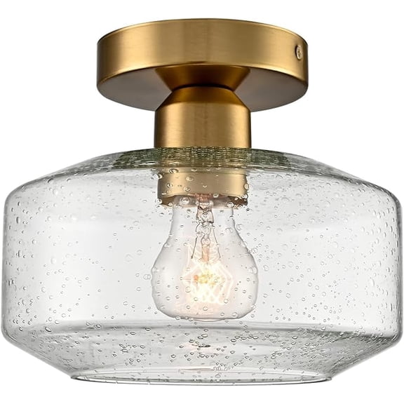 Claxy Modern Semi Flush Mount Ceiling Light with Seeded Glass Shade, Brass Gold Flush Mount Ceiling Lights Fixture, Farmhouse Industrial Ceiling Light for Hallway Schoolhouse Laundry Room Kitchen Ent