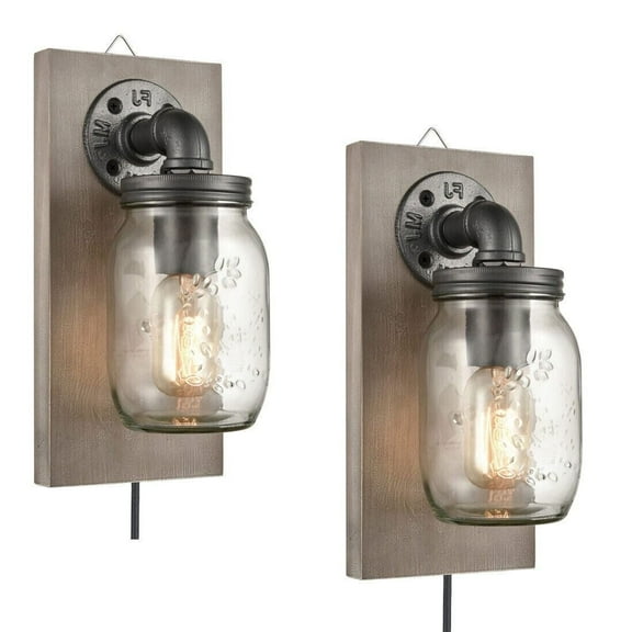 Claxy Plug in Wooden Wall Sconce with Mason Jar Clear Glass Shade Set of 2