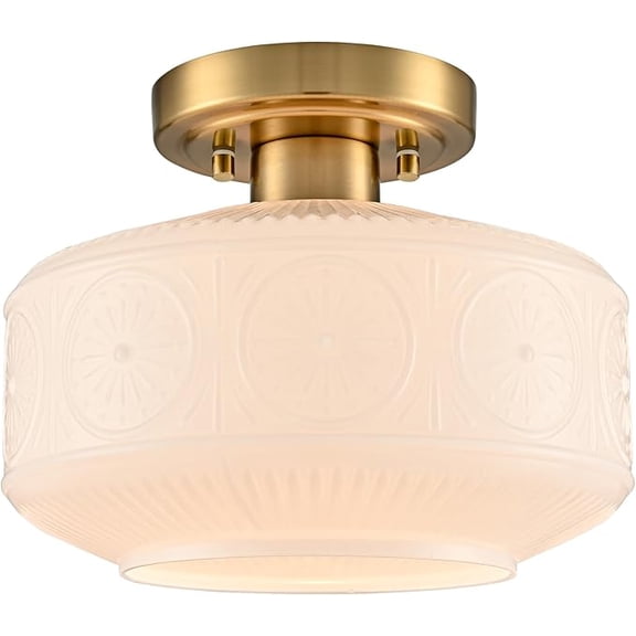 Claxy Semi Flush Mount Ceiling Light Gold Modern Ceiling Lighting 9-Inch Vintage Globe Milk White Glass Hallway Light Fixtures Hardwired Small Brass Flush Mount Light for Bathroom Porch Entryway