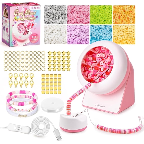 Clay Bead Spinner, 2112Pcs Clay Bead Spinner Kit for Jewelry Making, Friendship Bracelets Maker with Needle and Elastic String, Bracelet Making Machine for Craft Bead Lovers & Adults, Pink