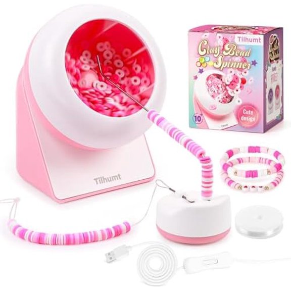 Clay Bead Spinner, Electric Bead Spinner for Jewelry Making, Friendship Bracelets Maker with Needle and Elastic String, Gift for Patent Design, Pink (Beads Not Included)