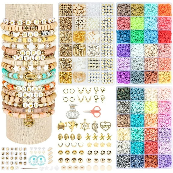 Clay Beads 3 Boxes Bracelet Making Kit, 10500pcs Beads for Jewelry Making, Round Letter Beads with Charm and Elastic Strings, Friendship Bracelets Holiday Gifts for Girls Adults