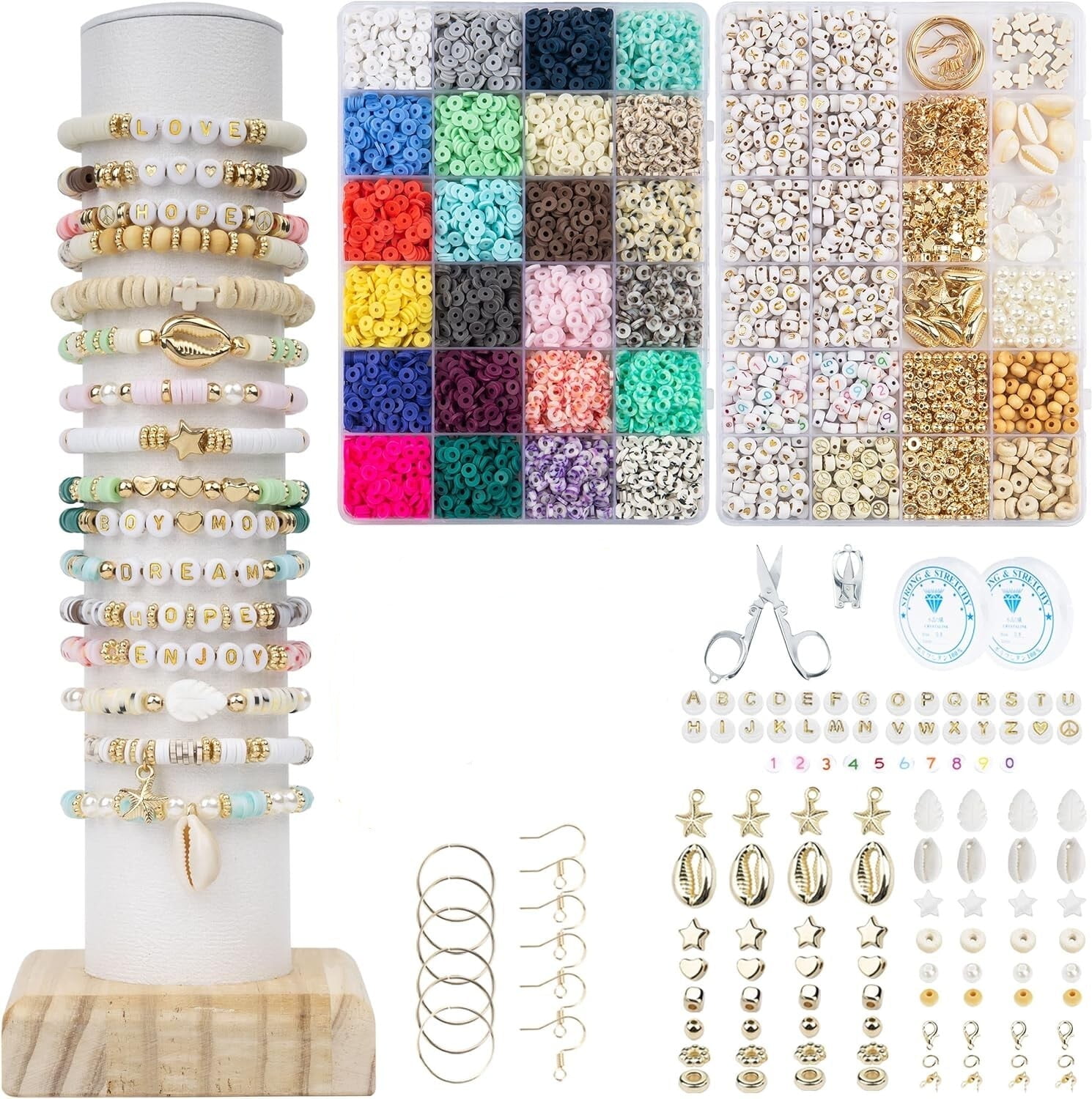 WATTNE Clay Beads 7200 Pcs 2 Boxes Bracelet Making Kit - 24 Colors Polymer Clay Beads for Bracelet Making - Jewelry Making kit with Gift Pack - Bracelet Making Kit for Adults - Heishi Disc Beads