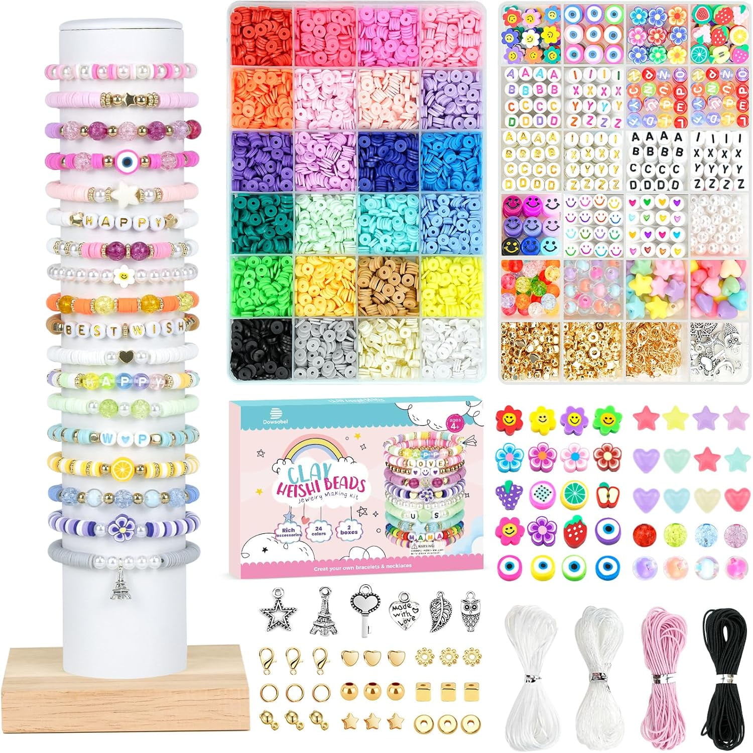 Clay Beads 7500 Pcs Friendship Bracelet Making Kit,2 Boxes 24 Colors Polymer Heishi Beads with Letter Beads for Jewelry Making, DIY Arts and Crafts Gifts Toys for Girls Age 4+