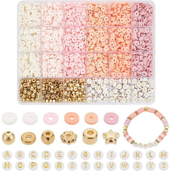 Clay Beads Bracelet Making Kit 4230pcs 6 Colors Pink Theme Heishi Beads 6mm Flat Round Polymer Clay Beads 6 Style Golden Spacer Beads Acrylic Letter Beads for DIY Bracelet Necklace Making