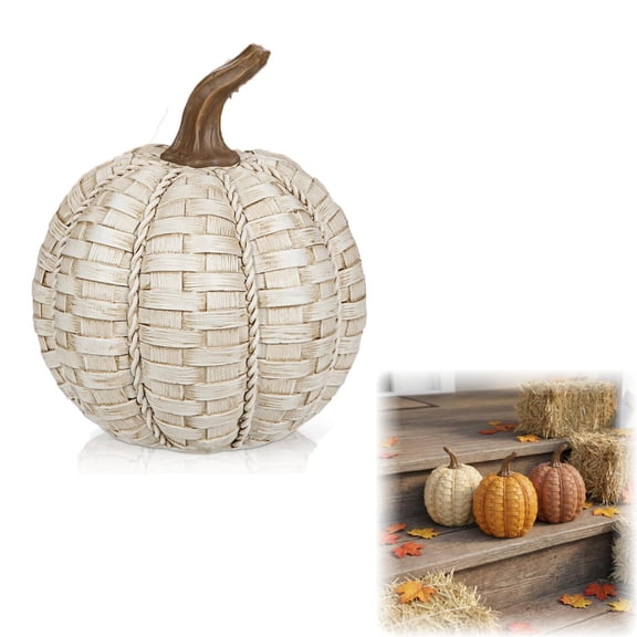 Clay Brown Resin Pumpkin Halloween Decor,Faux Rattan Wicker Pumpkin Ornament 15cm/5.9in for Table Mantel(P)