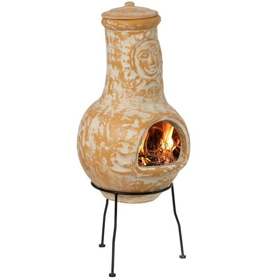 Outdoor Clay Chiminea Fireplace Sun Design Wood Burning Fire Pit with Sturdy Metal Stand, Barbecue, Cocktail Party, Cozy Nights Fire Pit, Terra Cotta