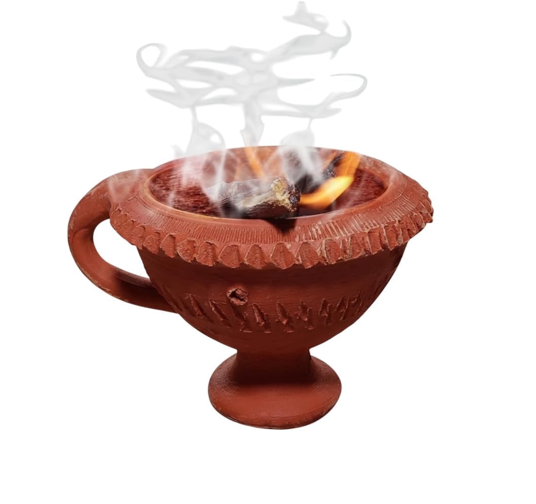 Clay Dhoop Burner/Incense Holder with Handle – Traditional Mitti Loban Dan for Pooja, Hawan & Aromatherapy