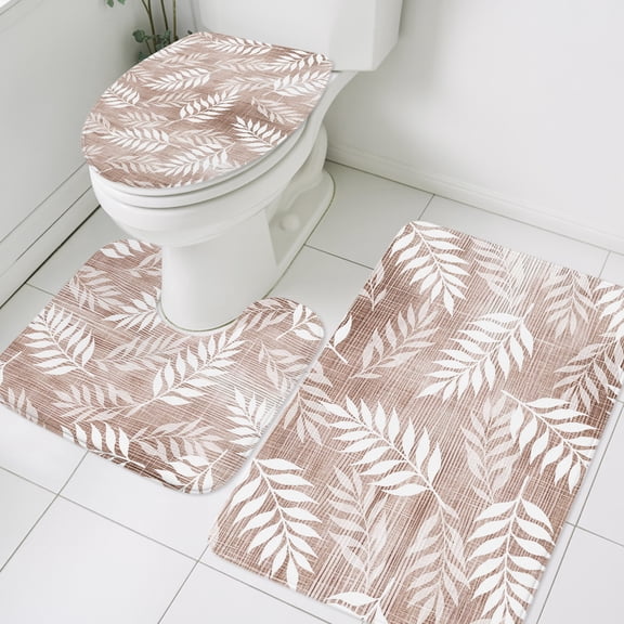 Clay Fronds Bathroom Rugs Set Terracotta Sand Leaf Plant Canvas Weave Texture Non Slip Absorbent Soft Bath Mats 3 Piece Set with Bathroom Rug, U-Shaped Floor Mat, Toilet Seat Cover Small Size