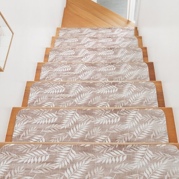 Clay Fronds Stair Treads Non Slip for Steps Terracotta Sand Leaf Plant Canvas Weave Texture 7 Pcs Reusable Adhesive Stair Runner Mats for Dogs Elders Carpet Treads Rugs for Staircase 8x30 In