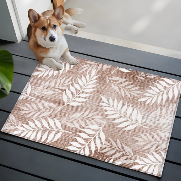 Clay Fronds Washable Entry Rug 2x3 Terracotta Sand Leaf Plant Canvas Weave Texture Low-Profile Area Rugs with Non Slip Backing Indoor Floor Carpet for Entrance Living Room Bedroom Home Office