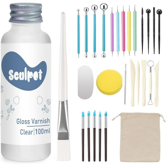 Clay Tools Kit, 29 Pcs Sculpting Tool Set with Air Dry Clay Varnish, High Gloss Finish, Scratch Resistant