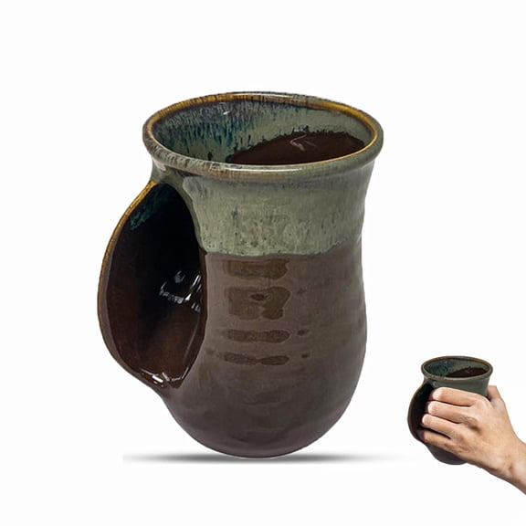 Clay in Motion Hand Warmer Coffee Mug Handmade Coffee Mug With Comfortable Handle Contoured Pocket Hand Warming Ceramic Coffee Mug Proudly Made in USA Left Handed 14 Oz - Mocha