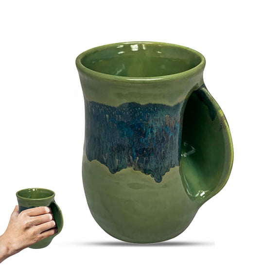 Clay in Motion Hand Warmer Coffee Mug Handmade Coffee Mug With Comfortable Handle Contoured Pocket Hand Warming Ceramic Coffee Mug Proudly Made in USA Right Handed 14 Oz - Misty Green