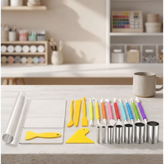 Clay Sculpting Tools Kits Polymer Clay Tools DIY Set with Roller, Acrylic Sheet, Scraper Backing Board, Round Circle Shape Cutter for Art Craft