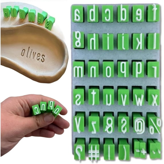 Clay Stamps Alphabet, Numbers DIY Handmade Alphabet Mold Accessories Polymer Clay Tools for Ceramic Decorating 36 Pieces Letter Stamps for Clay with Storage Box - Green (Lowercase Letters & Symbols)