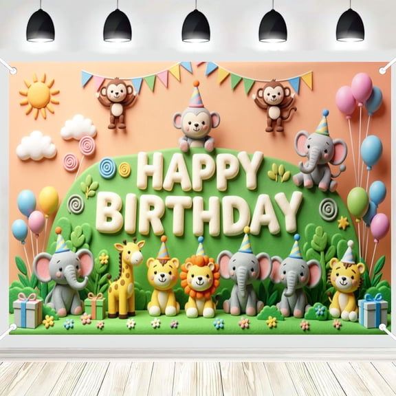 Clay Style Safari Animal Happy Birthday Backdrop, Cartoon Jungle Wildlife Photo Background for Kids Birthday Party Decor 3x5ft