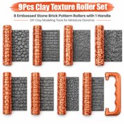 Clay Texture Roller Set 9 Pcs, Miniature Terrain Tools with Handle, Pottery Sculpting Supplies for Diorama Making, Tabletop Game Accessories