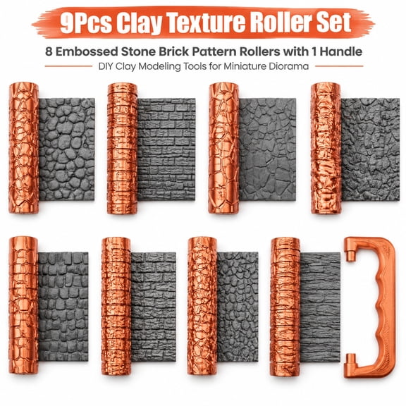 Clay Texture Roller Set 9 Pcs, Miniature Terrain Tools with Handle, Pottery Sculpting Supplies for Diorama Making, Tabletop Game Accessories