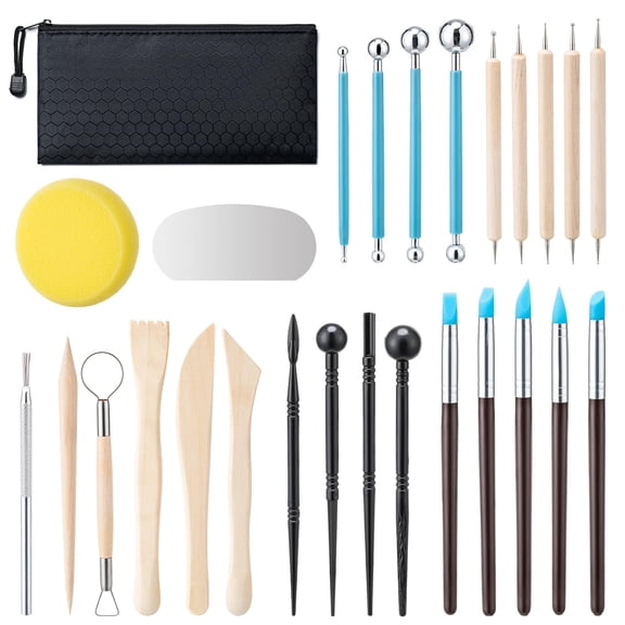 Pottery Clay Tools Set 27 PCS, Air Dry Polymer Clay Sculpting Kit, Dotting Carving Molding Tools, Wooden Metal Plastic Craft Supplies, Art Gift for All Ages