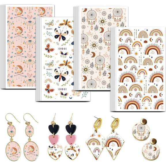 Clay Transfer Paper 4 Design 24 Pcs Transfer Paper for Polymer Rainbow Polymer Clay Transfer Sheets Dream Catcher Moon Moth Transfer Paper for Clay Earrings Jewelry Making
