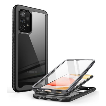 Clayco MYOS Series Case for Samsung Galaxy A52 5G/4G, Full Body Rugged Duty Protection Clear Bumper Shock Absorption Cover with Built-in Screen Protector for Fingerprint ID (6.5 inch) (Black)
