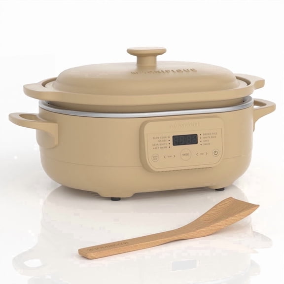 MAGNIFIQUE Programmable Claypot Oven Multi-Cooker 4 Qt with Wooden Spatula, Multi-Functional Slow Cook, Braise, Sear, Pasta Cooking for Small Kitchens