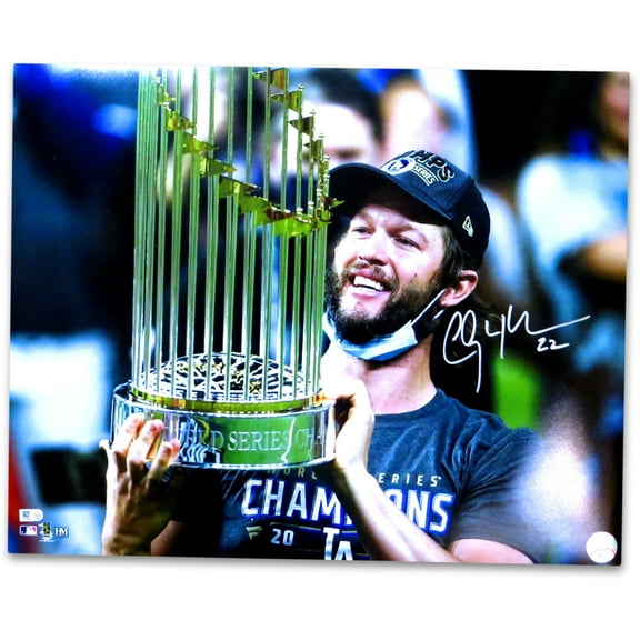 Clayton Kershaw Signed Autographed 16X20 Photo Dodgers World Series Trophy H