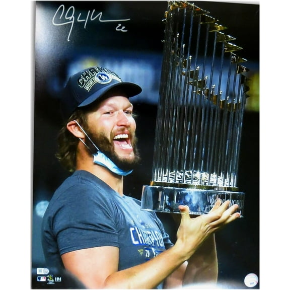 Clayton Kershaw Signed Autographed 16X20 Photo Dodgers World Series Trophy V