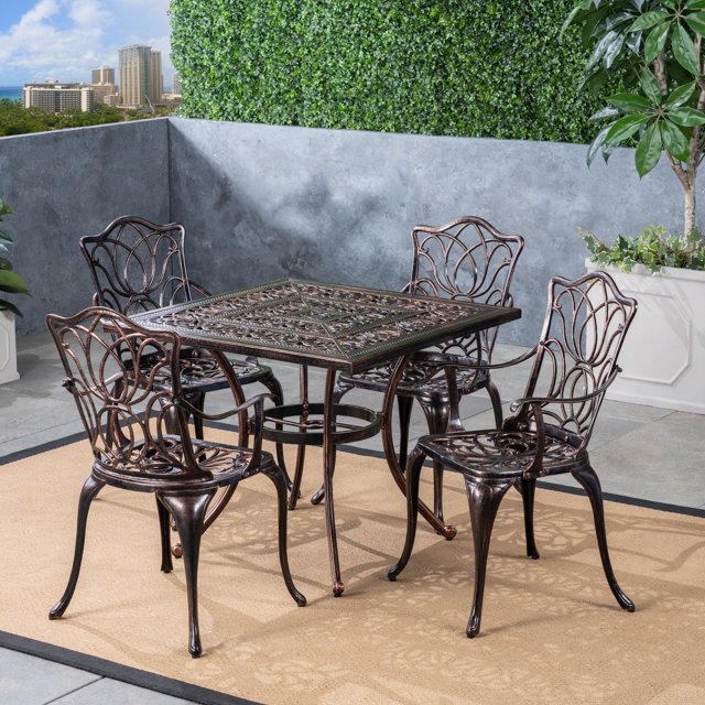 Clayton Outdoor 5 Piece Cast Aluminum SquareTable Dining Set, Shiny