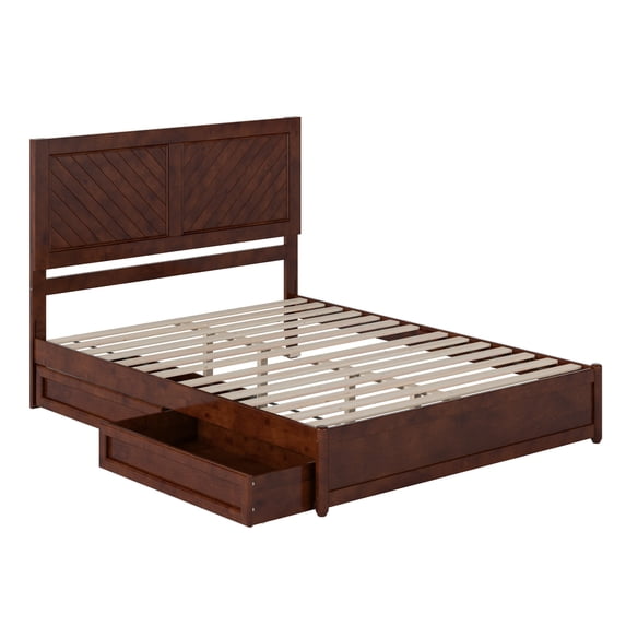 Clayton Queen Wood Platform Bed with Panel Footboard & Storage Drawers in Walnut