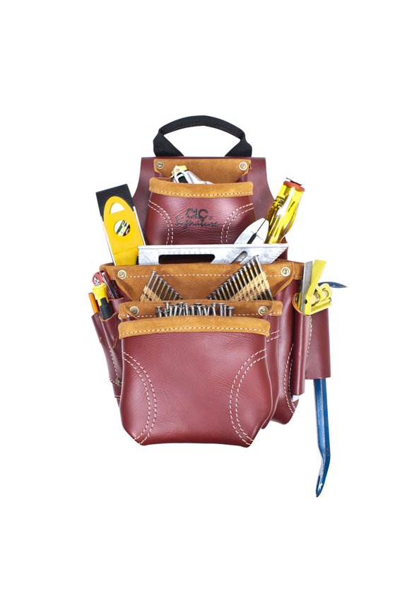 -21687X 9 Pocket Construction Worker's Heavy Duty Leather Nail And Tool Bag