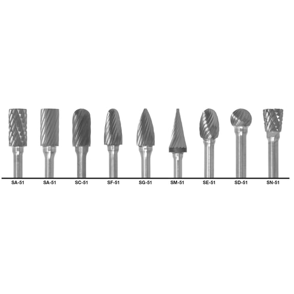 Cle-Line C17761 1/4 in. Standard Cut Carbide Burr Set with 1/8 in. Shanks, 9 Pc