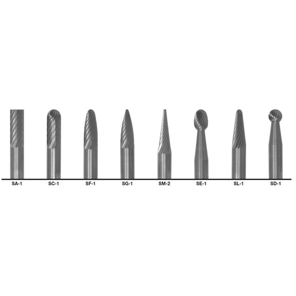 Cle-Line C17762 1/4 in. Standard Cut Carbide Burr Set with 1/4 in. Shanks, 8 Pc