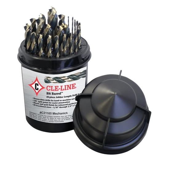 Cle-line C21165 Bit Barrel Style 1875R High Speed Steel Mechanics Length Drill Set, Black and Gold Finish, 1/16" - 1/2" Finish, 29 Pieces CA3