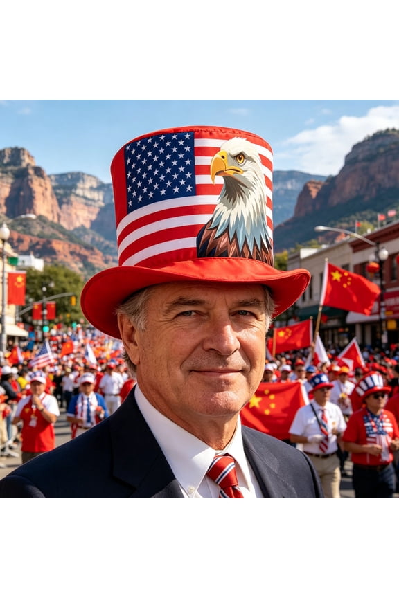 Clea*rance！4th of July Patriotic Top Hat with Uncle Sam Flag Statue Print and Structured Satin Fabric, Independence Day Party Accessory for Parades, BBQs, and Themed Celebrations.