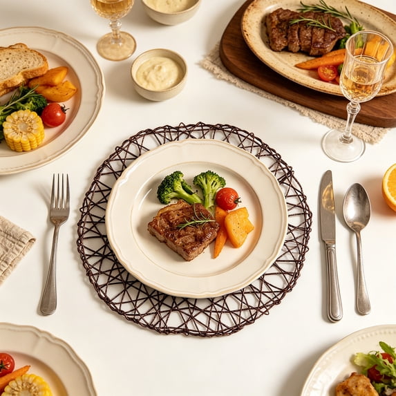 Clea*rance!Handwoven Round Paper Rope Placemat with Heatproof Finish, Waterproof Oil Resistant Table Mat for Dining, Decorative Hollow Design for Kitchen Home Use