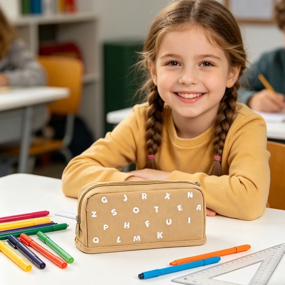 Standable Letter Print Pencil Case with Large Capacity Interior and Sturdy Wear-Resistant Fabric, Multifunctional Stationery Organizer for Office Desks, Home Workspaces, and Travel Bags.