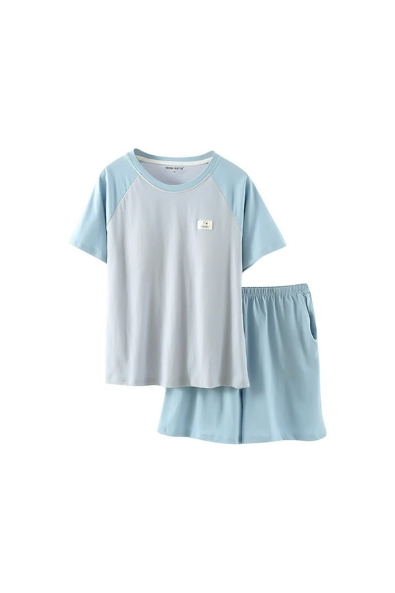 Clean 2 Pcs Summer Cotton Sleepwear for Women Classic Color Block Pajamas Outfits Crew Neck T-Shirts Short Sleeve Tops Elastic High Waist Shorts Trends Lightweight Loungwear Pjs