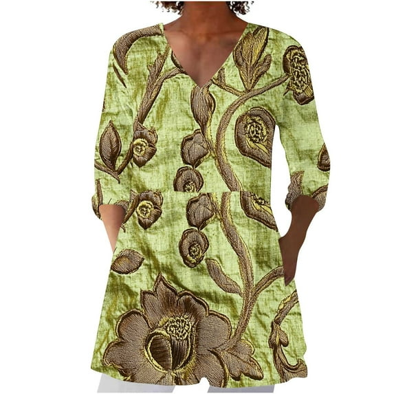 Clean 3/4 Length Sleeve Womens Tops Vintage Floral Tunic Shirts V Neck Boho Blouses Peasant Dress Causal Oversized T-Shirt Baggy Dressy Holiday Beach Clothes