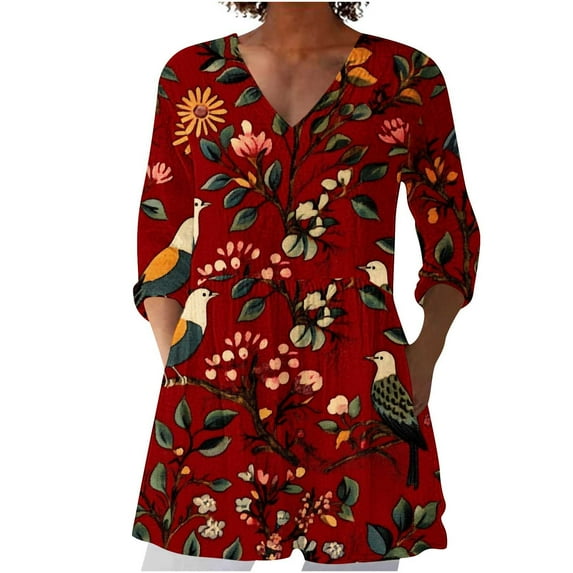 Clean 3/4 Length Sleeve Womens Tops Vintage Floral Tunic Shirts V Neck Boho Blouses Peasant Dress Causal Oversized T-Shirt Baggy Dressy Holiday Beach Clothes
