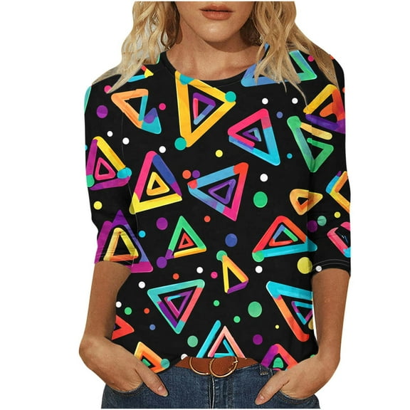 Clean 3/4 Sleeve Tops for Women Floral Printed Tee Shirts Cute Crew Neck T-Shirts Basic Loose Casual 2025 Tees Blouse Holiday Beach Clothing Summer