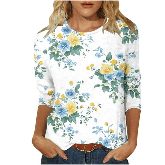 Clean 3/4 Sleeve Tops for Women Floral Printed Tee Shirts Cute Crew Neck T-Shirts Basic Loose Casual 2025 Tees Blouse Holiday Beach Clothing Summer