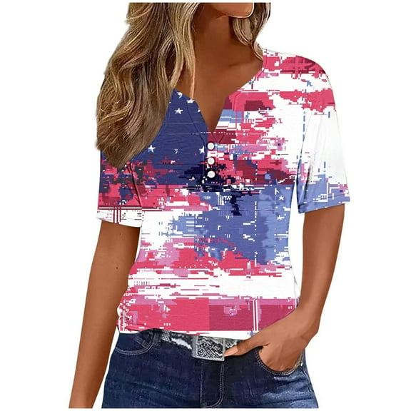 Clean 4Th Of July Shirts Women Henley Neck Button Down Shirt Short Sleeve American Flag T-Shirt Plus Size Tunic Blouses Summer Patriotic Tops Independence Day Top 2025