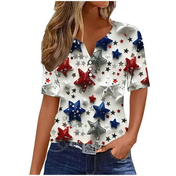 Clean 4Th Of July Shirts Women Henley Neck Button Down Shirt Short Sleeve American Flag T-Shirt Plus Size Tunic Blouses Summer Patriotic Tops Independence Day Top 2025