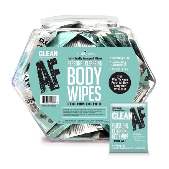 Clean AF Individually Wrapped Personal Cleaning Body Wipes 96pc Fishbowl Display