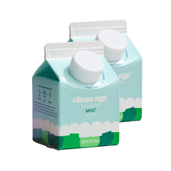 Clean Age Toothpaste Tabs for Teens | Minty Fresh, Fluoride-Free, Zero-Waste Tooth Care | Made with Naturally Derived Ingredients & Peppermint Oil | 124 Tablets | 2-Pack