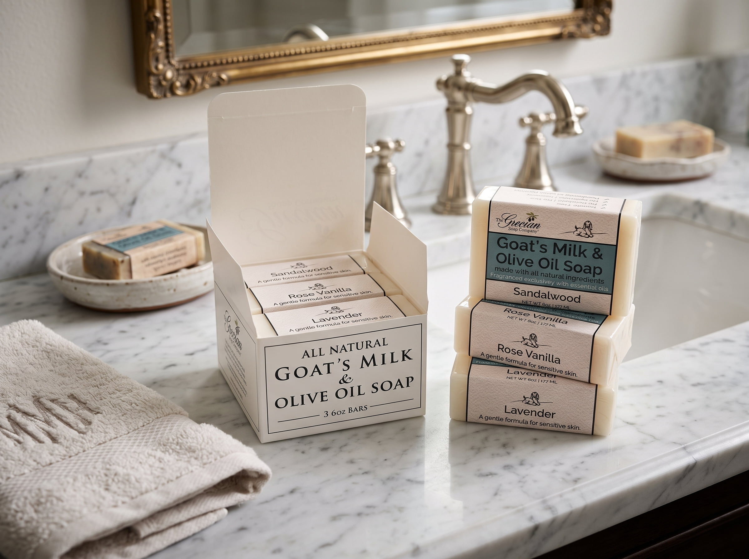 Grecian Soap Co. Goat's Milk Soap 3-Pack, Sandalwood, Rose Vanilla, Lavender, Essential Oil Scented, 3 x 6oz Bars