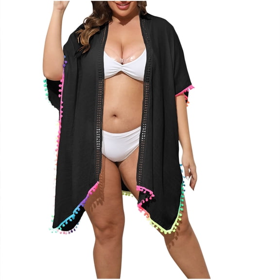 Clean Bohemian Tassels Swim Tops for Women Cover Up Crochet Hollow Knitted Kimono Cardigan Loose Open Front Beach Coverups